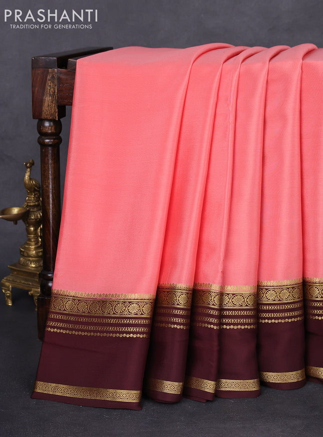 Pure mysore silk saree peach shade and coffee brown with plain body and rettapet zari woven border