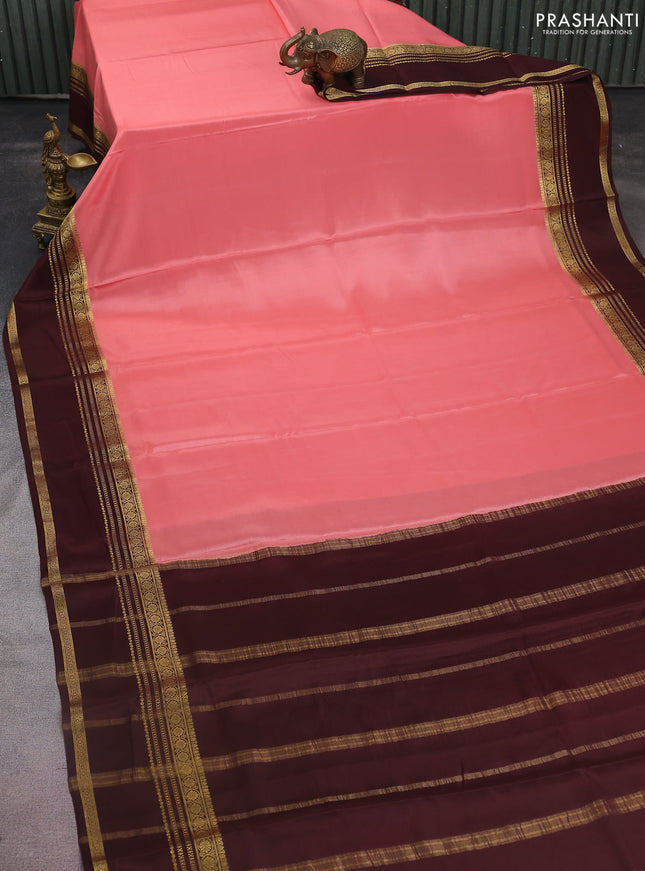 Pure mysore silk saree peach shade and coffee brown with plain body and rettapet zari woven border