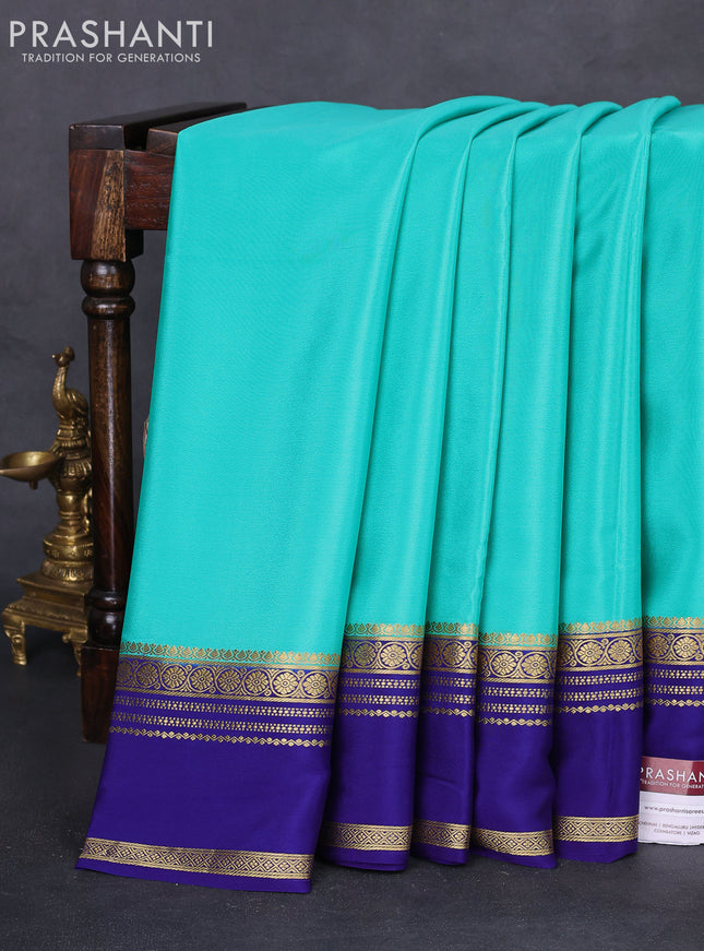 Pure mysore silk saree teal blue and blue with plain body and rettapet zari woven border