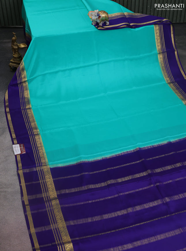 Pure mysore silk saree teal blue and blue with plain body and rettapet zari woven border