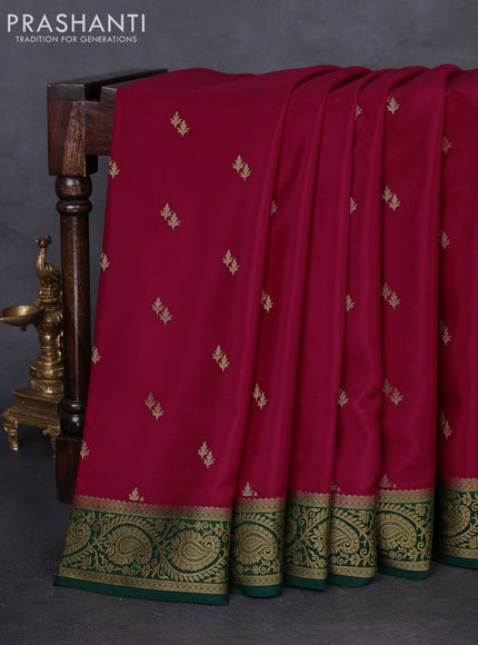 Pure mysore silk saree tomato red and green with zari woven buttas and zari woven border