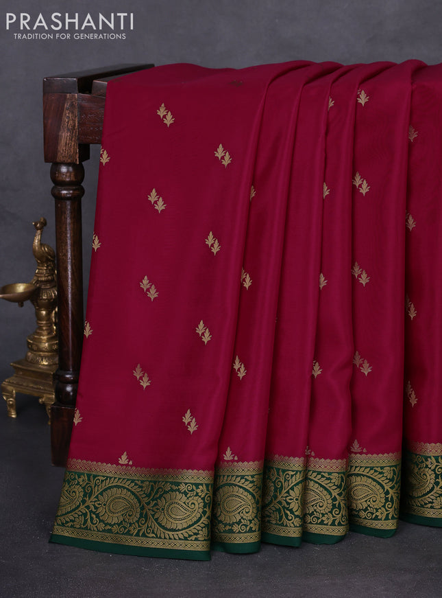 Pure mysore silk saree tomato red and green with zari woven buttas and zari woven border
