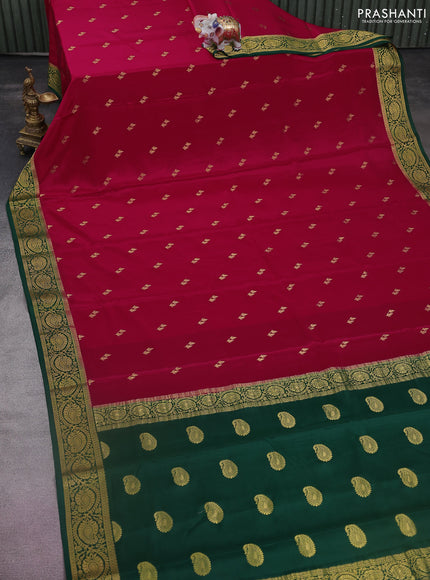 Pure mysore silk saree tomato red and green with zari woven buttas and zari woven border