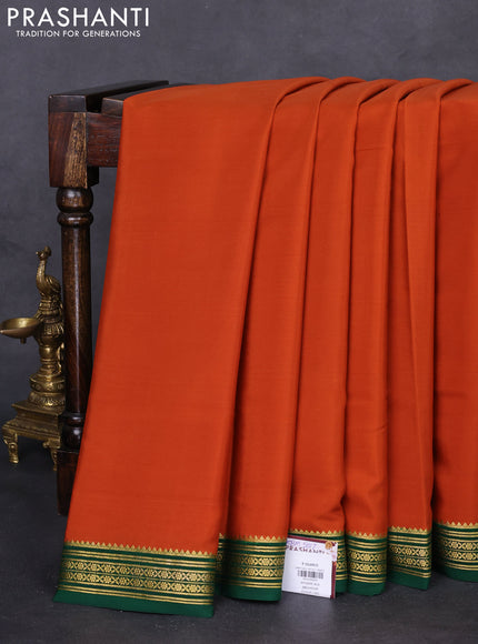 Pure mysore silk saree rustic orange and green with palin body and zari woven border