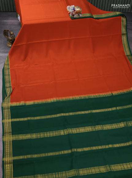 Pure mysore silk saree rustic orange and green with palin body and zari woven border