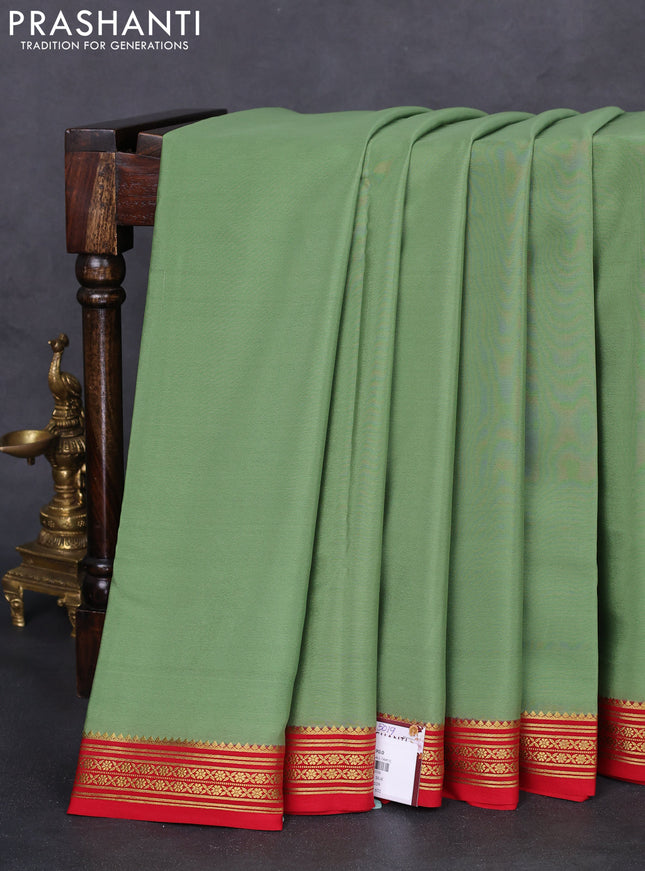 Pure mysore silk saree pastel green and red with palin body and zari woven border