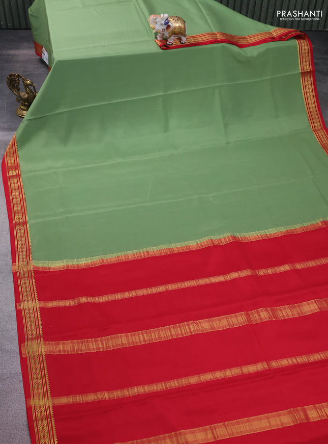 Pure mysore silk saree pastel green and red with palin body and zari woven border