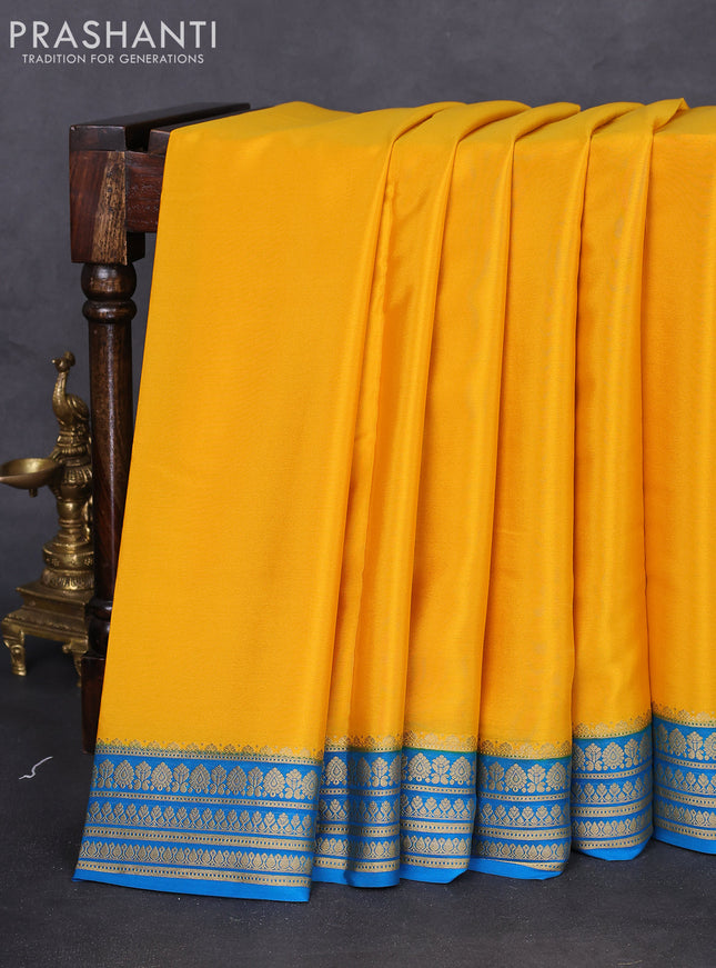 Pure mysore silk saree yellow and cs blue with palin body and zari woven border