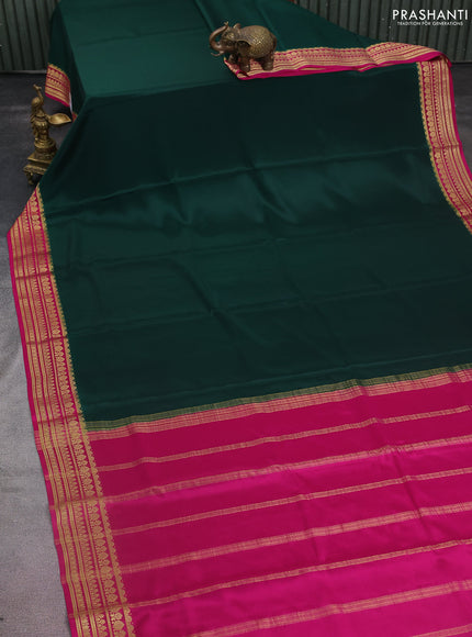 Pure mysore silk saree dark green and pink with palin body and zari woven border