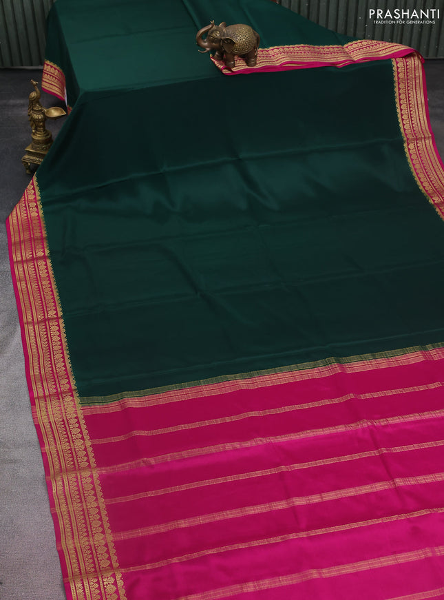 Pure mysore silk saree dark green and pink with palin body and zari woven border