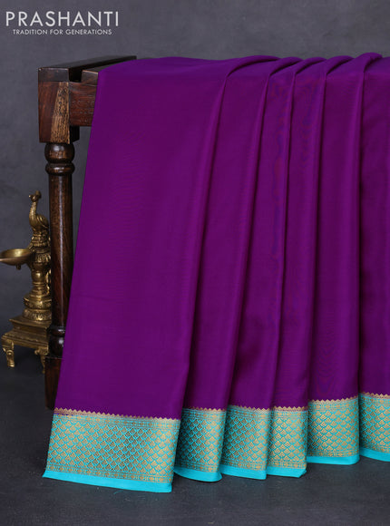Pure mysore silk saree purple and teal blue with palin body and zari woven border