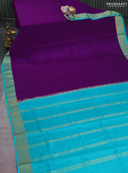 Pure mysore silk saree purple and teal blue with palin body and zari woven border