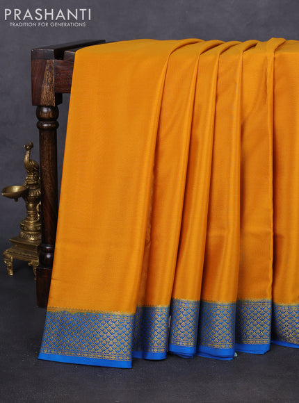 Pure mysore silk saree mustard yellow and blue with palin body and zari woven border