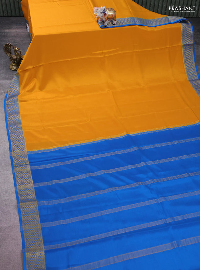Pure mysore silk saree mustard yellow and blue with palin body and zari woven border