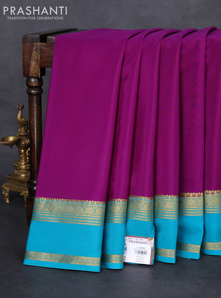 Pure mysore silk saree purple and teal blue with palin body and rettapet zari woven border