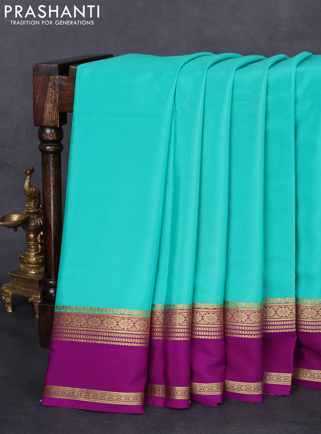 Pure mysore silk saree teal green shade and purple with plain body and rettapet zari woven border
