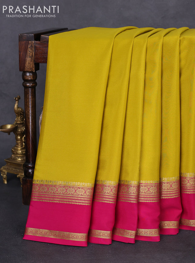 Pure mysore silk saree mustard yellow and pink with plain body and rettapet zari woven border