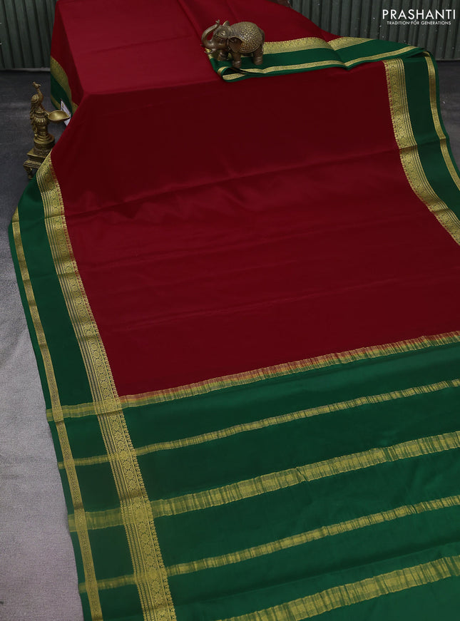 Pure mysore silk saree red and green with plain body and rettapet zari woven border