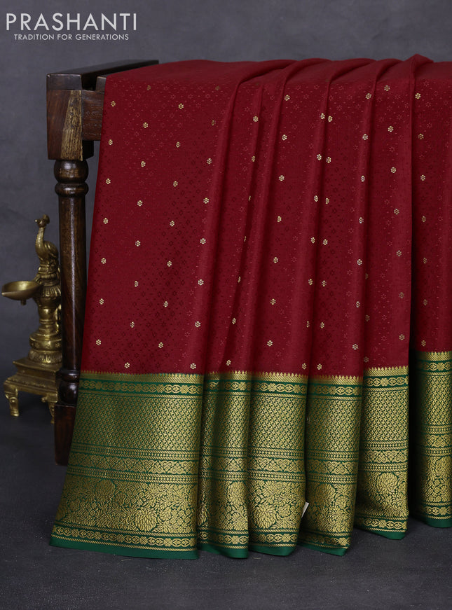 Pure mysore silk saree red and green with allover self emboss & zari buttas and long zari woven border