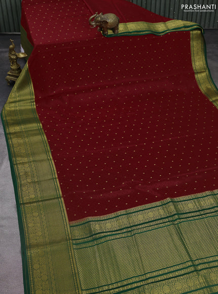 Pure mysore silk saree red and green with allover self emboss & zari buttas and long zari woven border