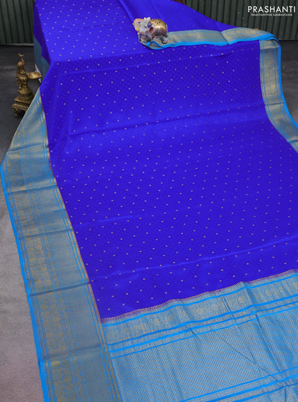 Pure mysore silk saree royal blue and cs blue with allover self emboss & zari buttas and long zari woven border