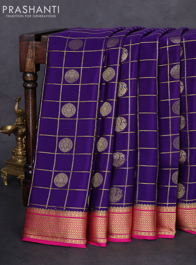 Pure mysore silk saree violet and pink with allover small zari checks & buttas and zari woven border