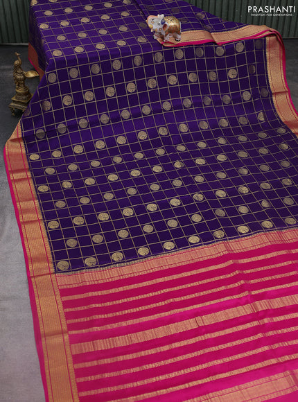Pure mysore silk saree violet and pink with allover small zari checks & buttas and zari woven border