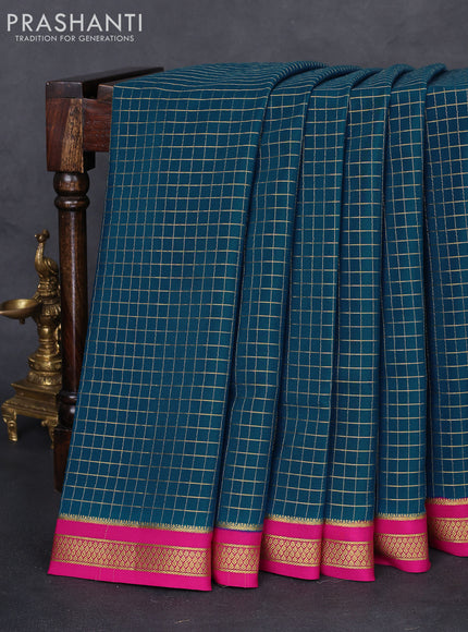 Pure mysore silk saree peacock blue and pink with allover small zari checked pattern and zari woven border