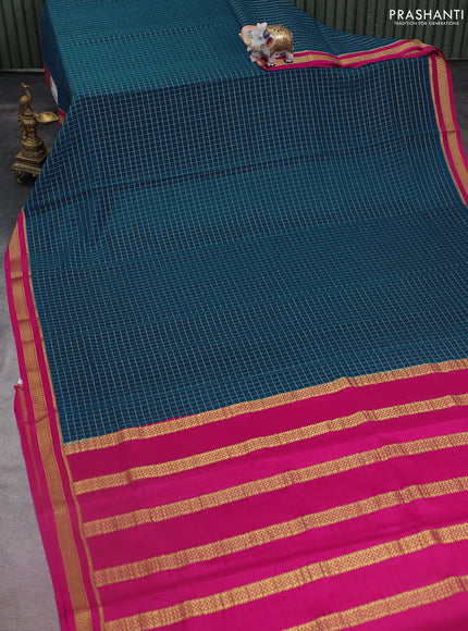Pure mysore silk saree peacock blue and pink with allover small zari checked pattern and zari woven border