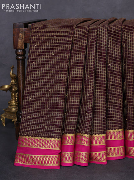 Pure mysore silk saree coffee brown and magenta pink with allover small zari checks & buttas and rettapet zari woven border