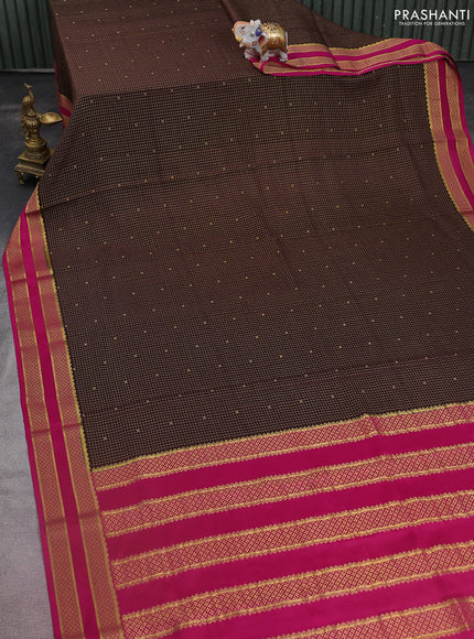 Pure mysore silk saree coffee brown and magenta pink with allover small zari checks & buttas and rettapet zari woven border