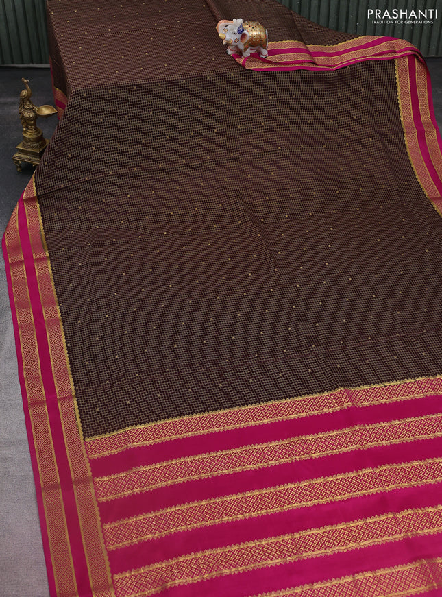 Pure mysore silk saree coffee brown and magenta pink with allover small zari checks & buttas and rettapet zari woven border