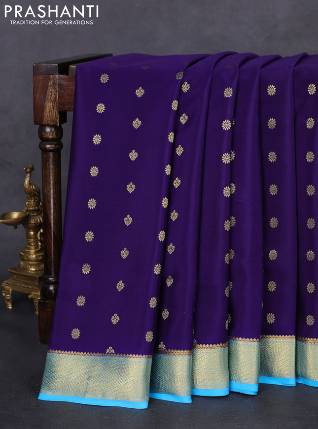 Pure mysore silk saree violet and light blue with allover zari woven buttas and zari wovenn border