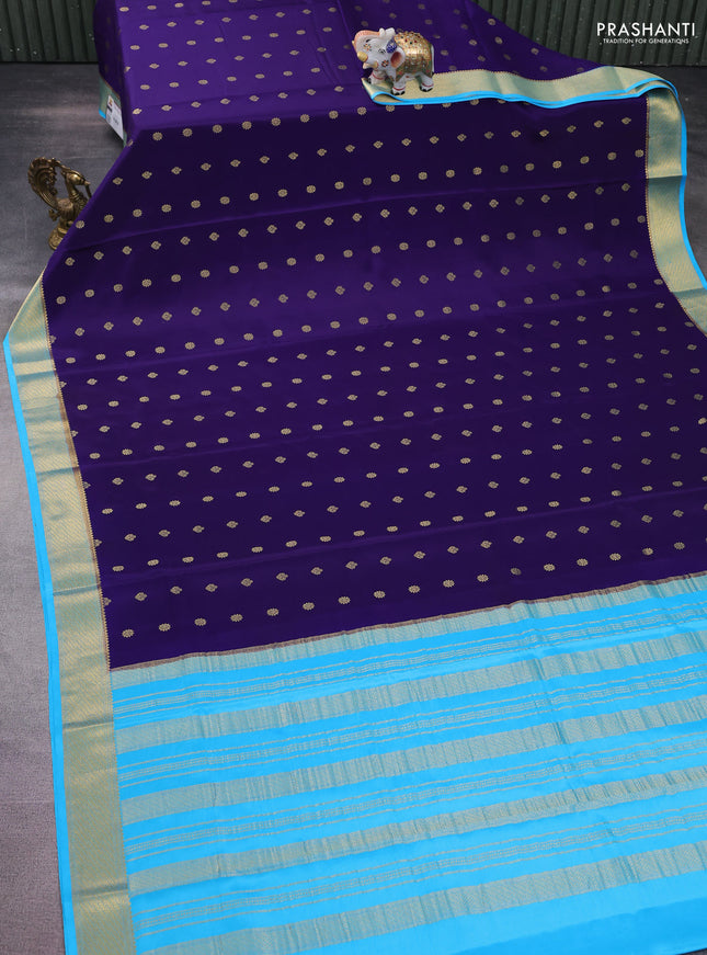 Pure mysore silk saree violet and light blue with allover zari woven buttas and zari wovenn border