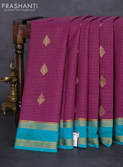 Pure mysore silk saree purple and teal green with allover zari checks & buttas and rettapet zari woven border