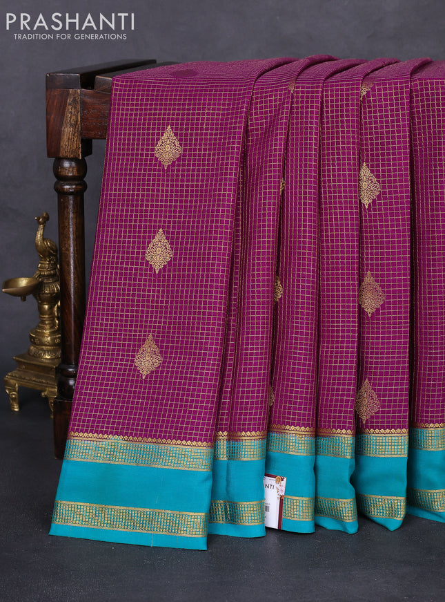 Pure mysore silk saree purple and teal green with allover zari checks & buttas and rettapet zari woven border