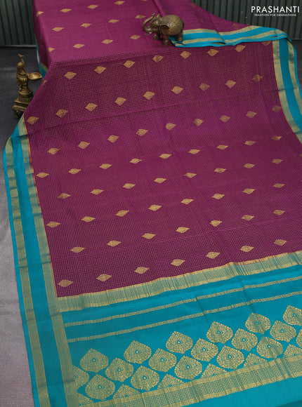 Pure mysore silk saree purple and teal green with allover zari checks & buttas and rettapet zari woven border