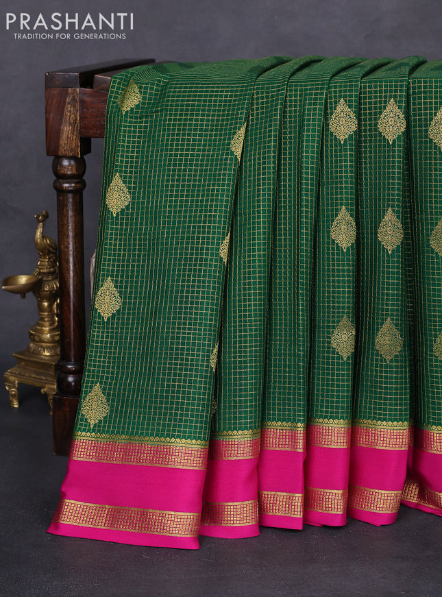 Pure mysore silk saree green and pink with allover zari checks & buttas and rettapet zari woven border