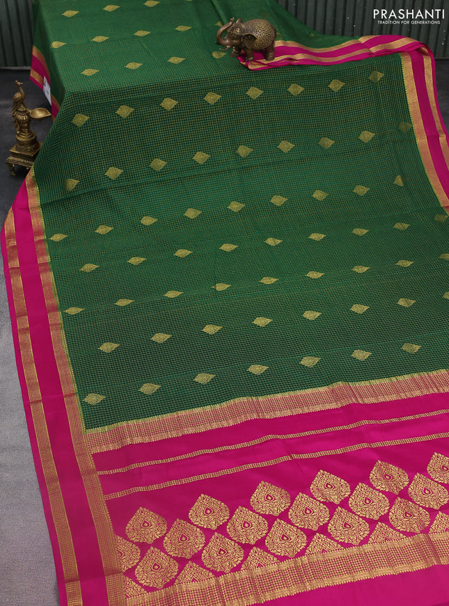 Pure mysore silk saree green and pink with allover zari checks & buttas and rettapet zari woven border