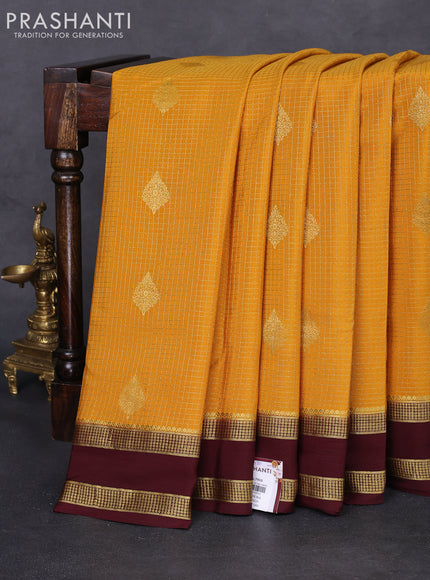 Pure mysore silk saree mustard yellow and coffee brown with allover zari checks & buttas and rettapet zari woven border