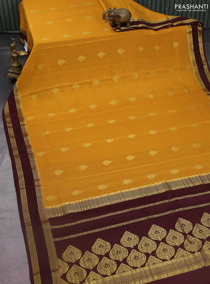 Pure mysore silk saree mustard yellow and coffee brown with allover zari checks & buttas and rettapet zari woven border
