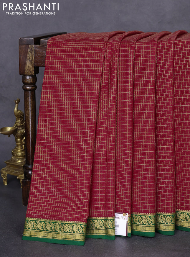 Pure mysore silk saree red and green with allover zari checked pattern and zari woven border