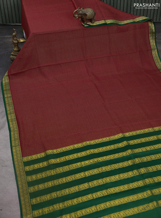 Pure mysore silk saree red and green with allover zari checked pattern and zari woven border