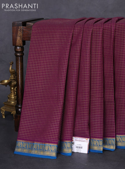 Pure mysore silk saree wine shade and peacock blue with allover zari checked pattern and zari woven border