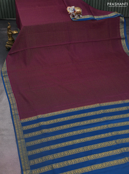 Pure mysore silk saree wine shade and peacock blue with allover zari checked pattern and zari woven border