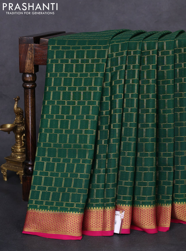 Pure mysore silk saree green and pink with allover zari checked pattern and zari woven border