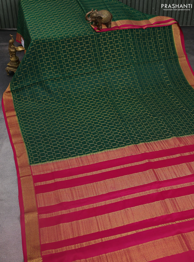 Pure mysore silk saree green and pink with allover zari checked pattern and zari woven border