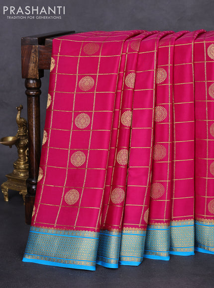 Pure mysore silk saree dark pink and cs blue with allover zari checks & buttas and zari woven border