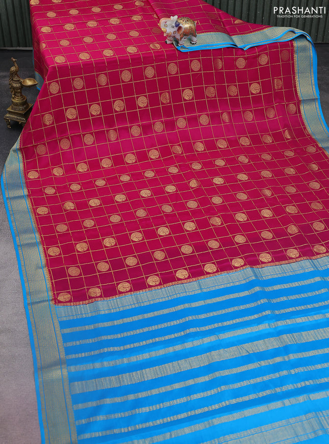Pure mysore silk saree dark pink and cs blue with allover zari checks & buttas and zari woven border