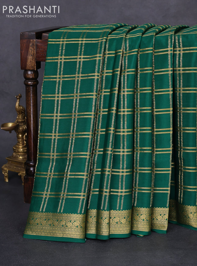 Pure mysore silk saree green with allover zari checked pattern and zari woven border